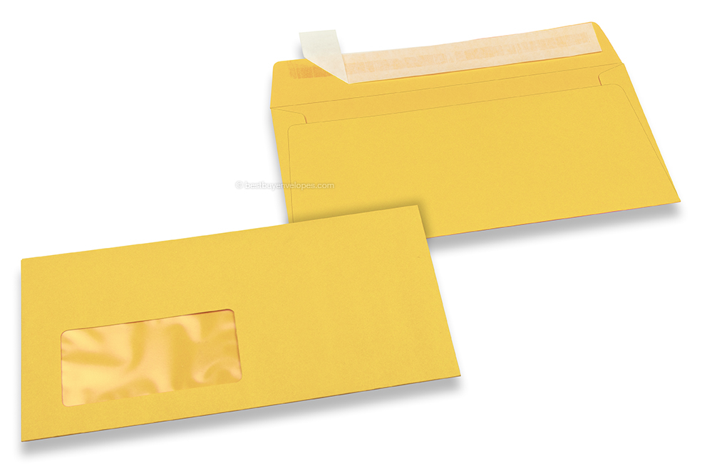 Butter cup yellow, coloured window envelopes, 110 x 220 mm (DL), window on the left, windowsize 45 x 90 mm, windowposition 20 mm from the left / 15 mm from the bottom, peal and seal closure, 120 gram coloured paper