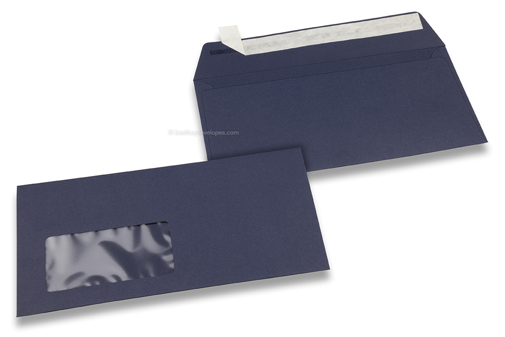 Dark blue, coloured window envelopes, 110 x 220 mm (DL), window on the left, windowsize 45 x 90 mm, windowposition 20 mm from the left / 15 mm from the bottom, peal and seal closure, 120 gram coloured paper