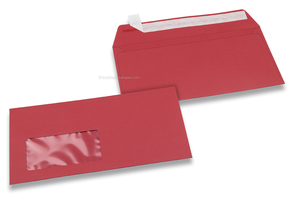 Red, coloured window envelopes, 110 x 220 mm (DL), window on the left, windowsize 45 x 90 mm, windowposition 20 mm from the left / 15 mm from the bottom, peal and seal closure, 120 gram coloured paper
