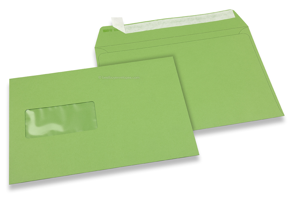 Apple green, coloured window envelopes, 110 x 220 mm (DL), window on the left, windowsize 45 x 90 mm, windowposition 20 mm from the left / 15 mm from the bottom, peal and seal closure, 120 gram coloured paper