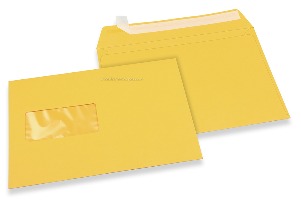 Butter cup yellow, coloured window envelopes, 162 x 229 mm (A5), window on the left, windowsize 45 x 90 mm, windowposition 20 mm from the left / 60 mm from the bottom, peal and seal closure, 120 gram coloured paper