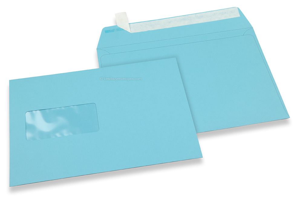 Sky blue, coloured window envelopes, 162 x 229 mm (A5), window on the left, windowsize 45 x 90 mm, windowposition 20 mm from the left / 60 mm from the bottom, peal and seal closure, 120 gram coloured paper