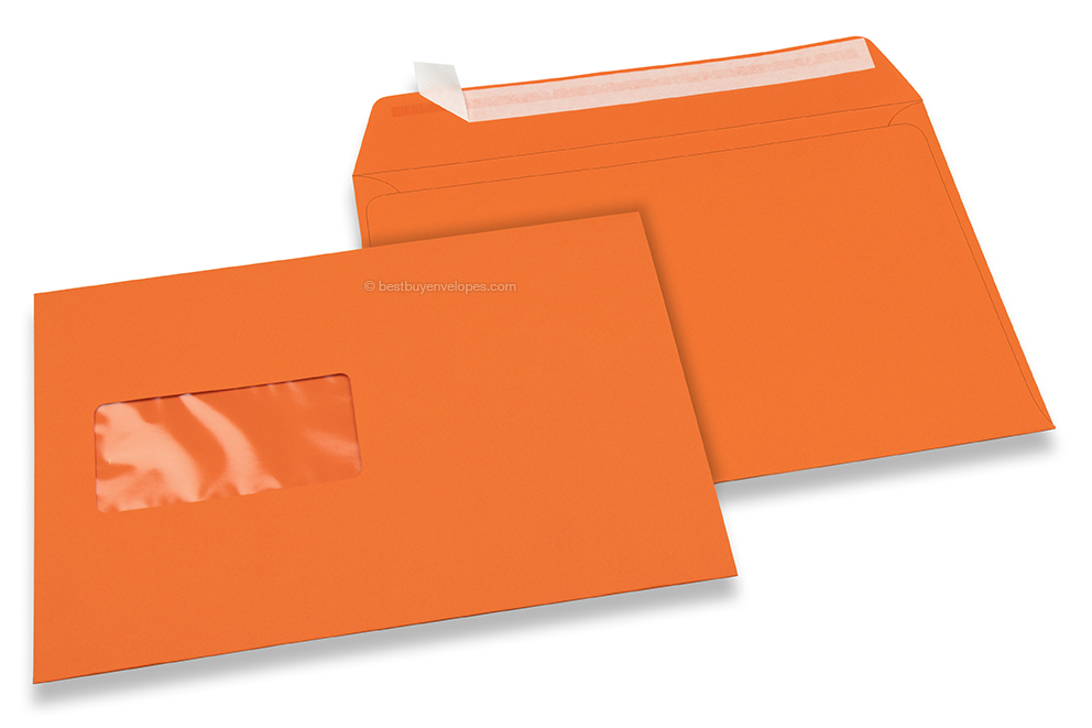 Orange, coloured window envelopes, 162 x 229 mm (A5), window on the left, windowsize 45 x 90 mm, windowposition 20 mm from the left / 60 mm from the bottom, peal and seal closure, 120 gram coloured paper