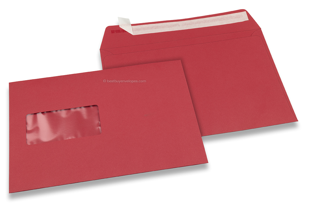 Red, coloured window envelopes, 162 x 229 mm (A5), window on the left, windowsize 45 x 90 mm, windowposition 20 mm from the left / 60 mm from the bottom, peal and seal closure, 120 gram coloured paper