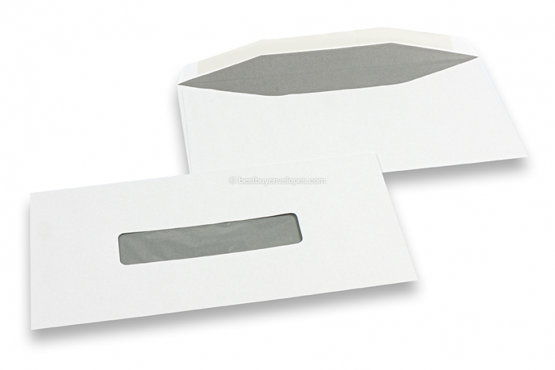 Window envelopes, white, 109 x 224 mm, centered window 25 x 110 mm, window position 53 mm from the left side and 40 mm from the bottom, gummed, 80 gram, weight each approx. 3 g.