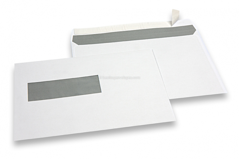 Window envelopes, white, 162 x 229 mm (C5), window on left 40 x 110 mm, window position 20 mm from the left side and 72 mm from the bottom, 90 gram, closure with seal strip, weight each approx. 7 g.