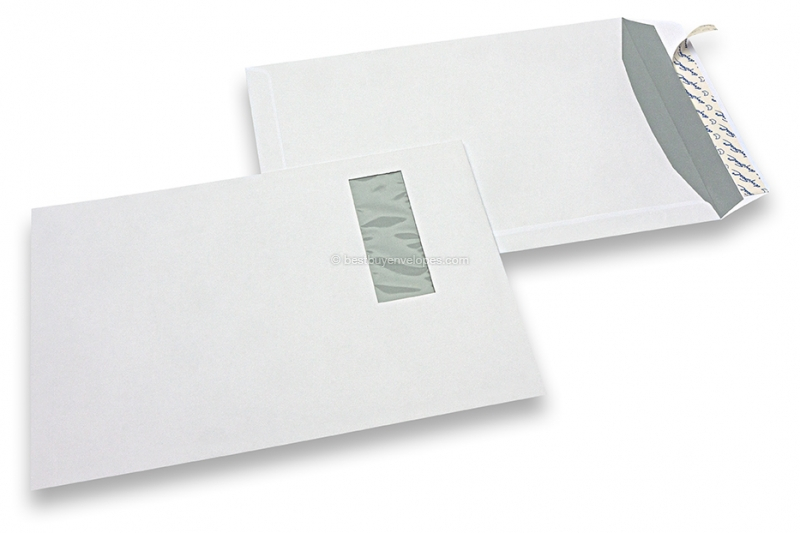 Window envelopes, white, 220 x 312 mm (EA4), window on left 40 x 110 mm, window position 20 mm from the left side and 50 mm from the top, 120 gram, closure with seal strip, weight each approx. 18 g.
