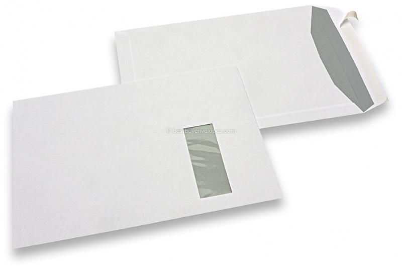 Window envelopes, white, 229 x 324 mm (C4), window on right 40 x 110 mm, window position 20 mm from the right side and 60 mm from the top, 120 gram, closure with seal strip, weight each approx. 20 g.