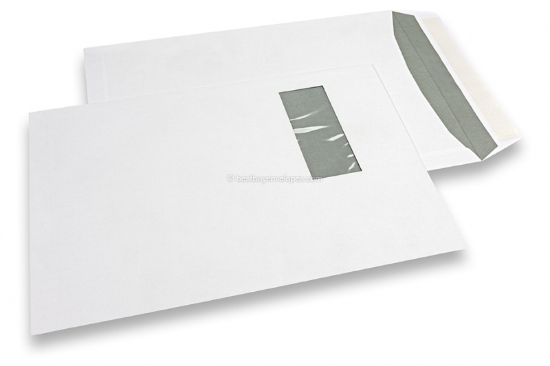 Window envelopes, white, 240 x 340 mm (EC4), window on left 45 x 110 mm, window position 25 mm from the left side and 70 mm from the top, 120 gram, closure with seal strip, weight each approx. 21 g.