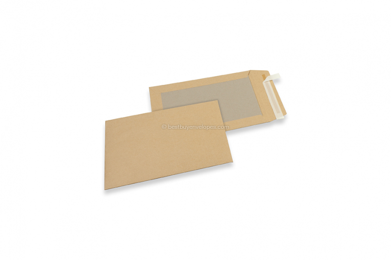 Board-backed envelopes - 176 x 250 mm, 120 gr brown kraft front, 450 gr grey duplex back, strip closure