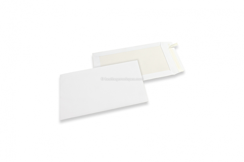 Board-backed envelopes - 185 x 280 mm, 120 gr white kraft front, 450 gr white duplex back, strip closure