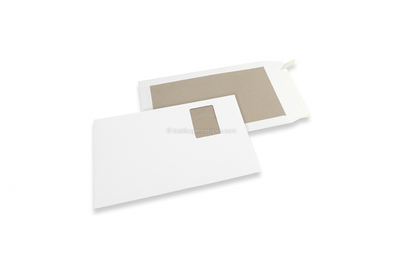 Board-backed envelopes - 229 x 324 mm window left 55 x 90 mm, window position 20 mm from the left and 57 mm from the top, 120 gr white kraft front, 450 gr grey duplex back, strip closure