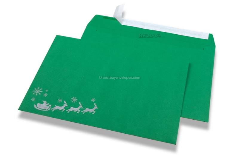 Coloured Christmas envelopes - Green, with sleigh