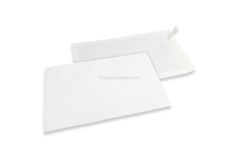 Board-backed envelopes - 310 x 440 mm, 120 gr white kraft front, 450 gr white duplex back, strip closure