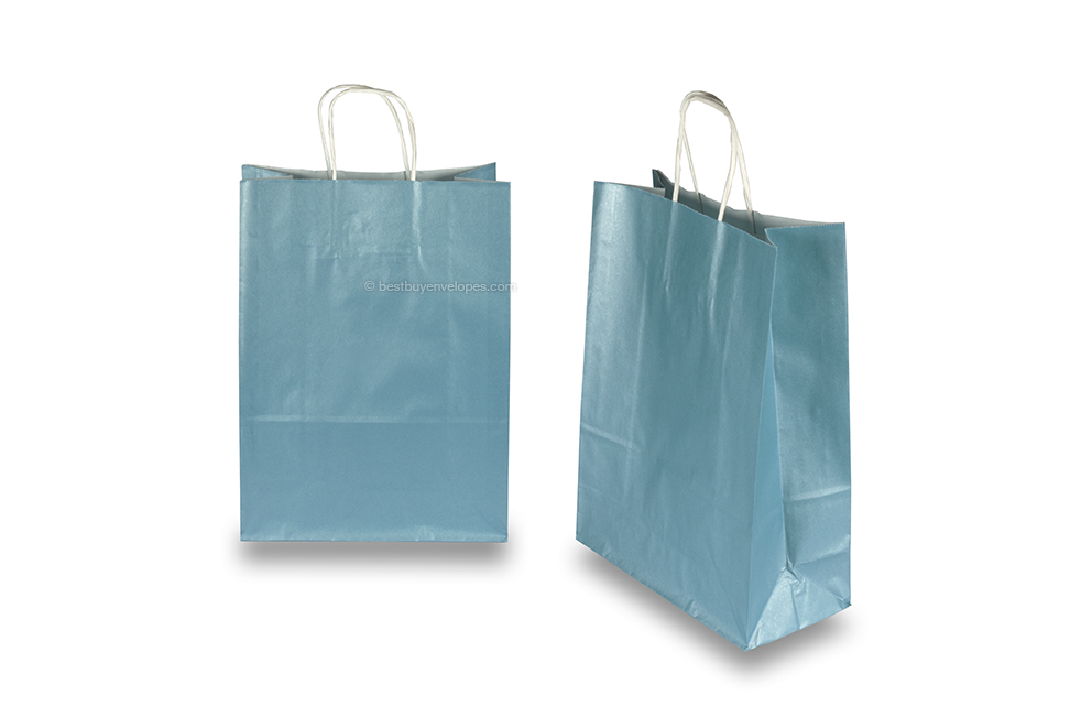 Paper carrier bags with twisted handles - blue metallic, 260 x 120 x 350 mm, 90 gsm