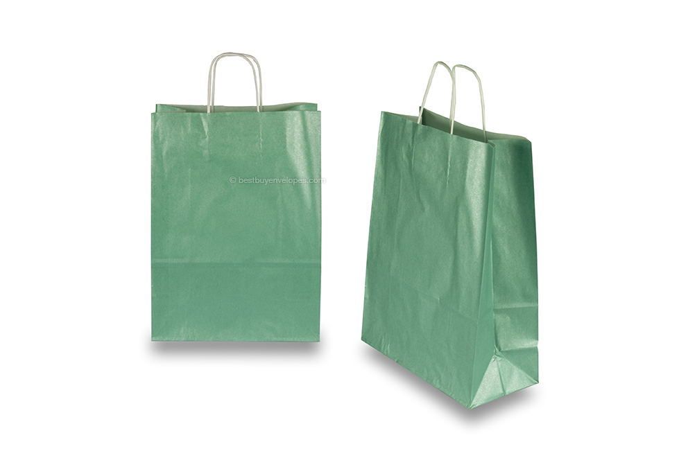Paper carrier bags with twisted handles - green metallic, 260 x 120 x 350 mm, 90 gsm