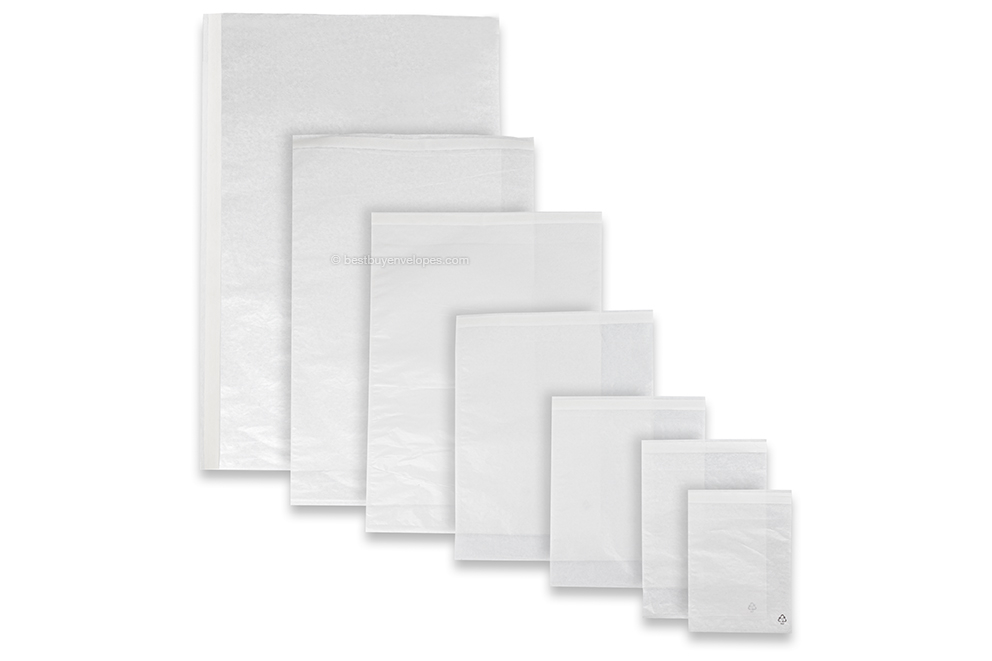 White glassine bags with peel-and-seal strip